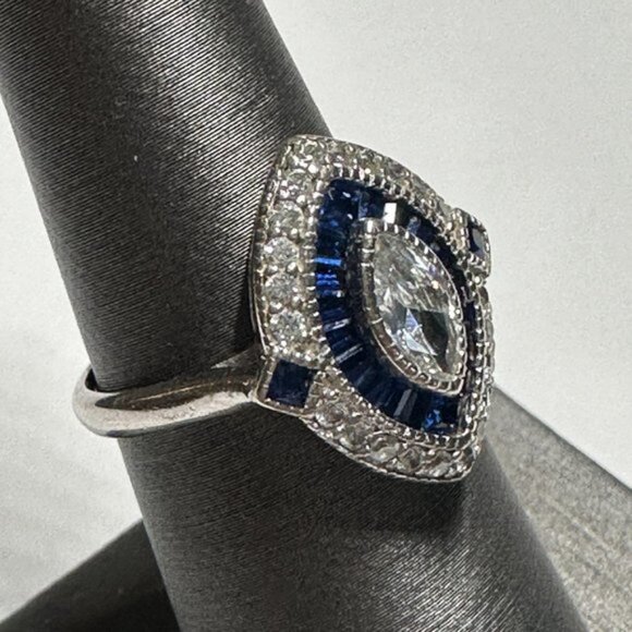 Art Deco Style Marquise Blue White Cubic Zirconia Cocktail Ring Sterling Size 7 - Picture 2 of 5